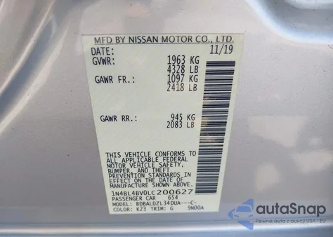 2020 Nissan Altima S Fwd from USA, damaged, VIN 1N4BL4BV0LC200627